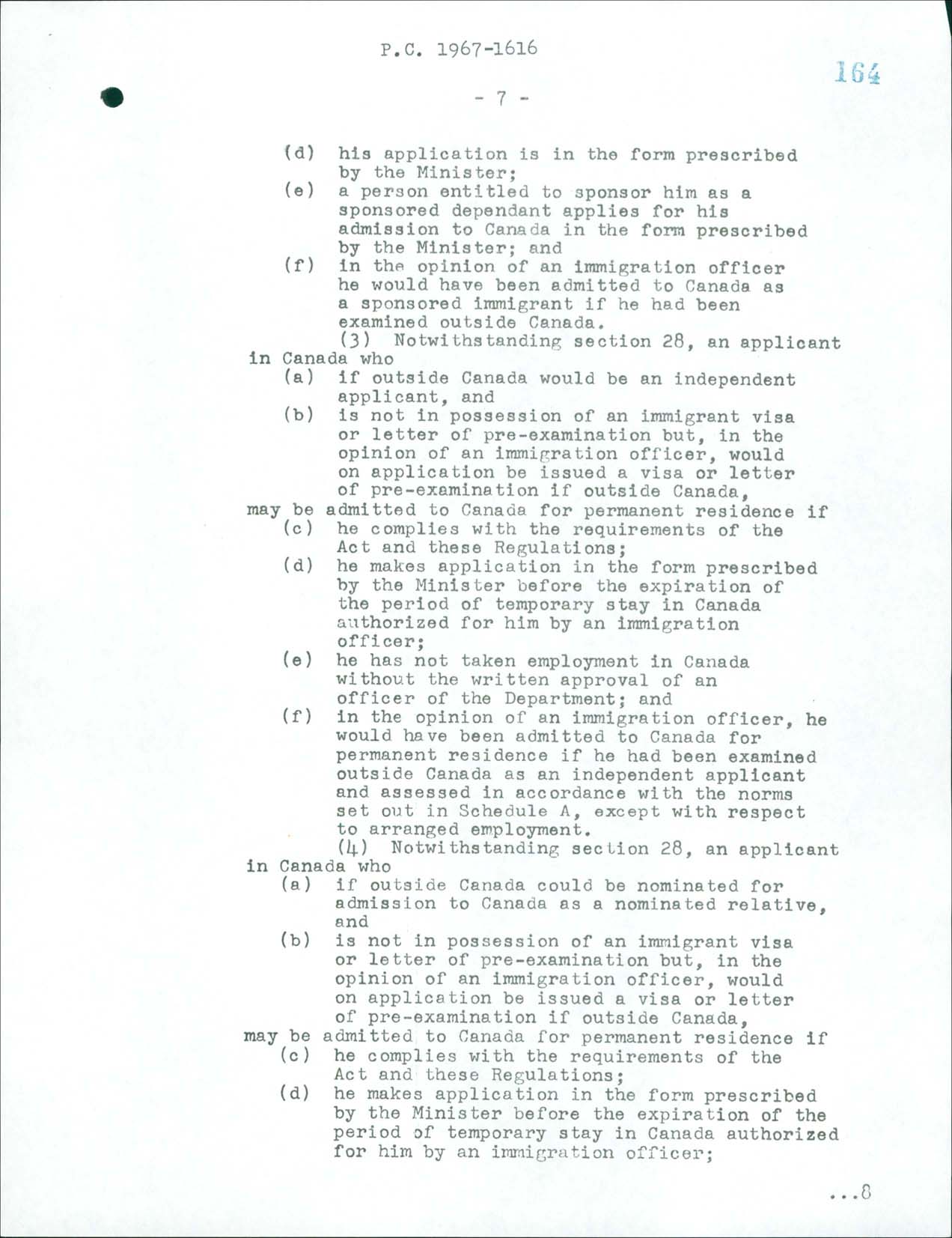 Page 7 Règlement sur l’immigration, Décret du Conseil CP 1967-1616, 1967