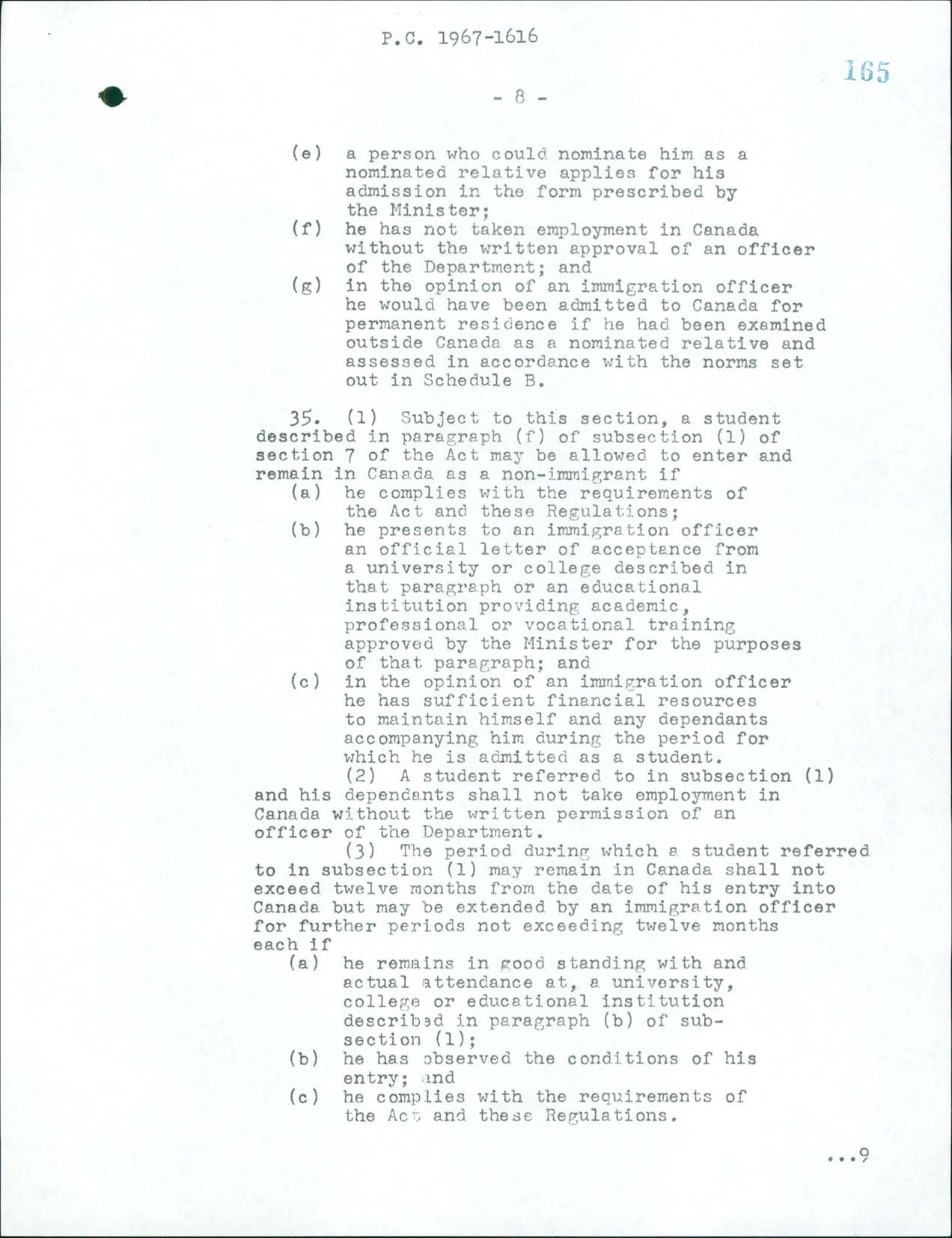Page 8 Règlement sur l’immigration, Décret du Conseil CP 1967-1616, 1967
