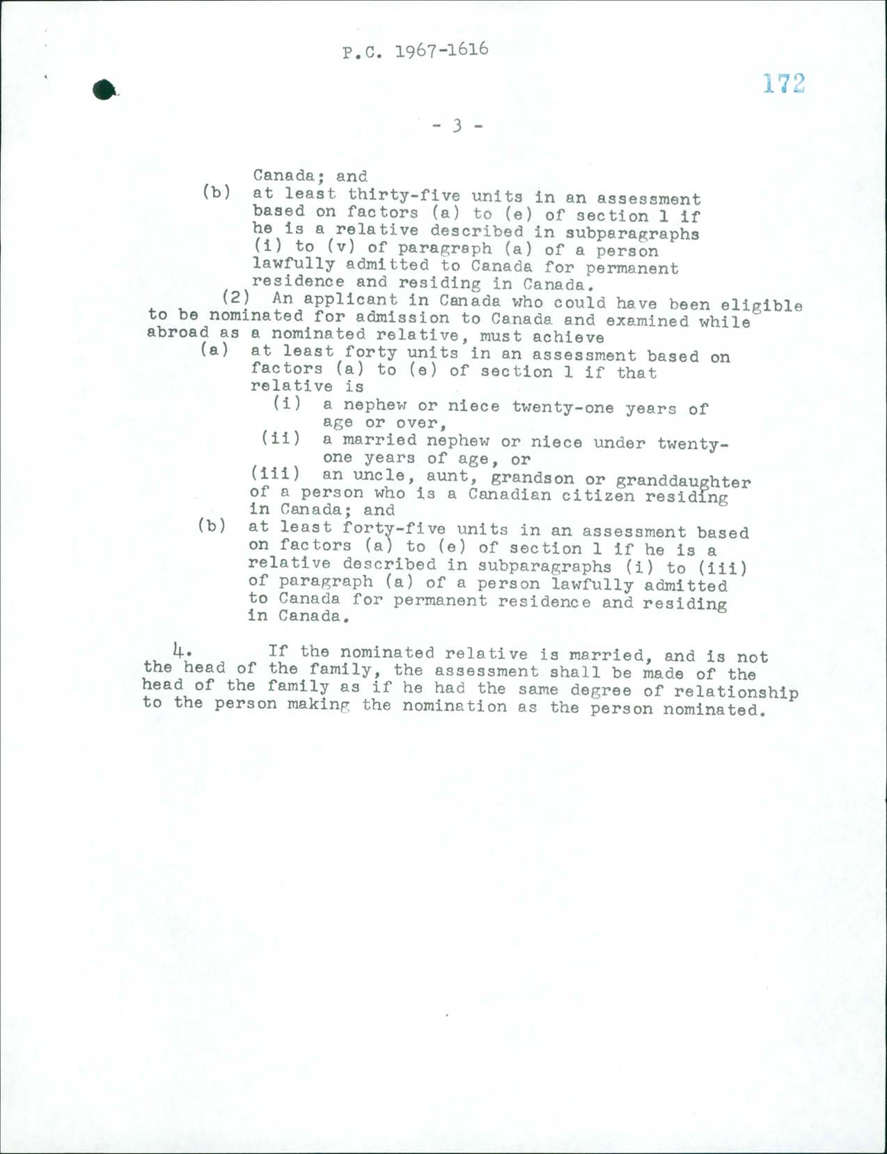 Règlement sur l’immigration, Décret du Conseil CP 1967-1616, 1967