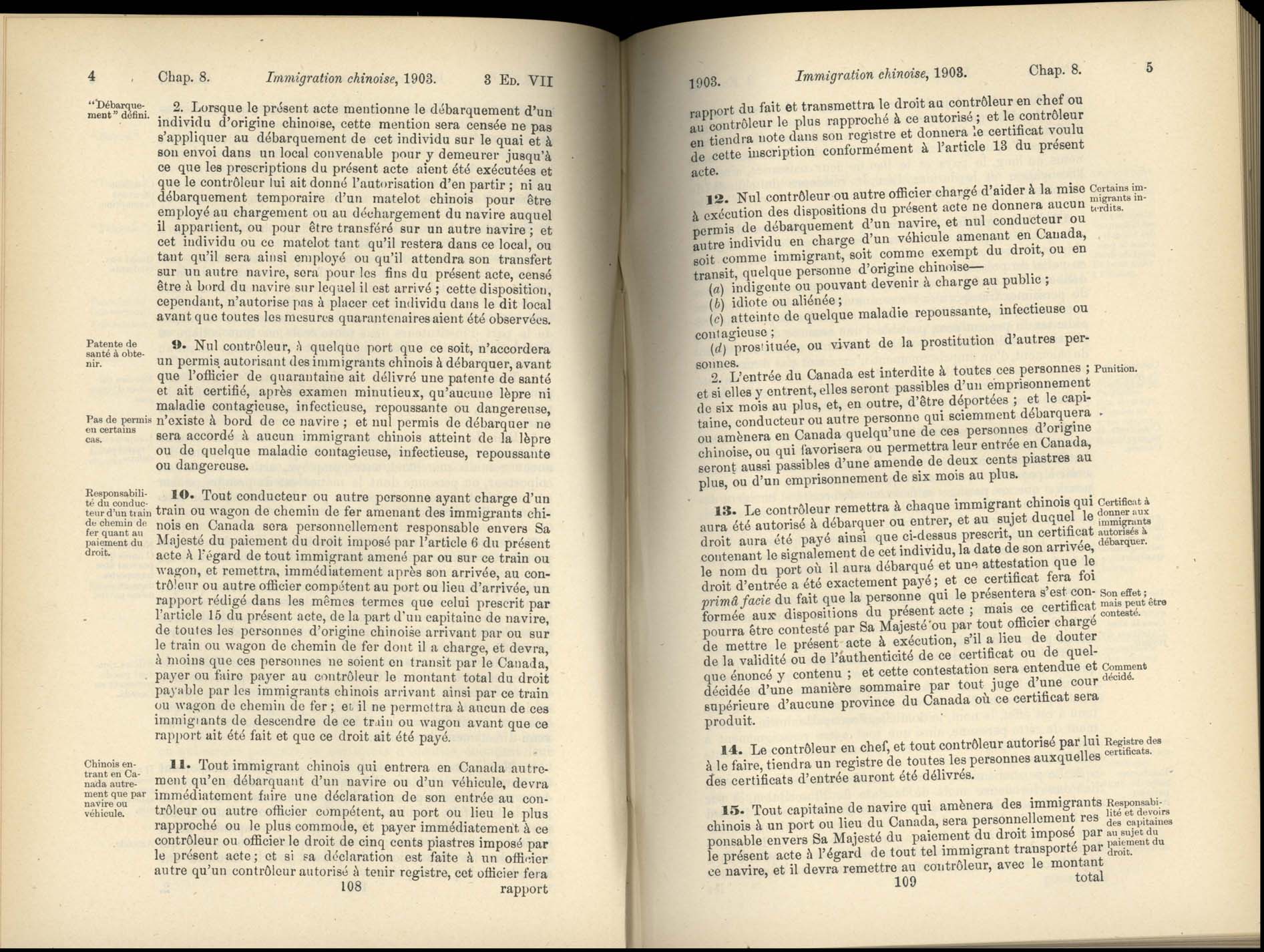 Chap. 8 Page 108, 109 Acte de l’immigration chinoise, 1885 Amendment 1903