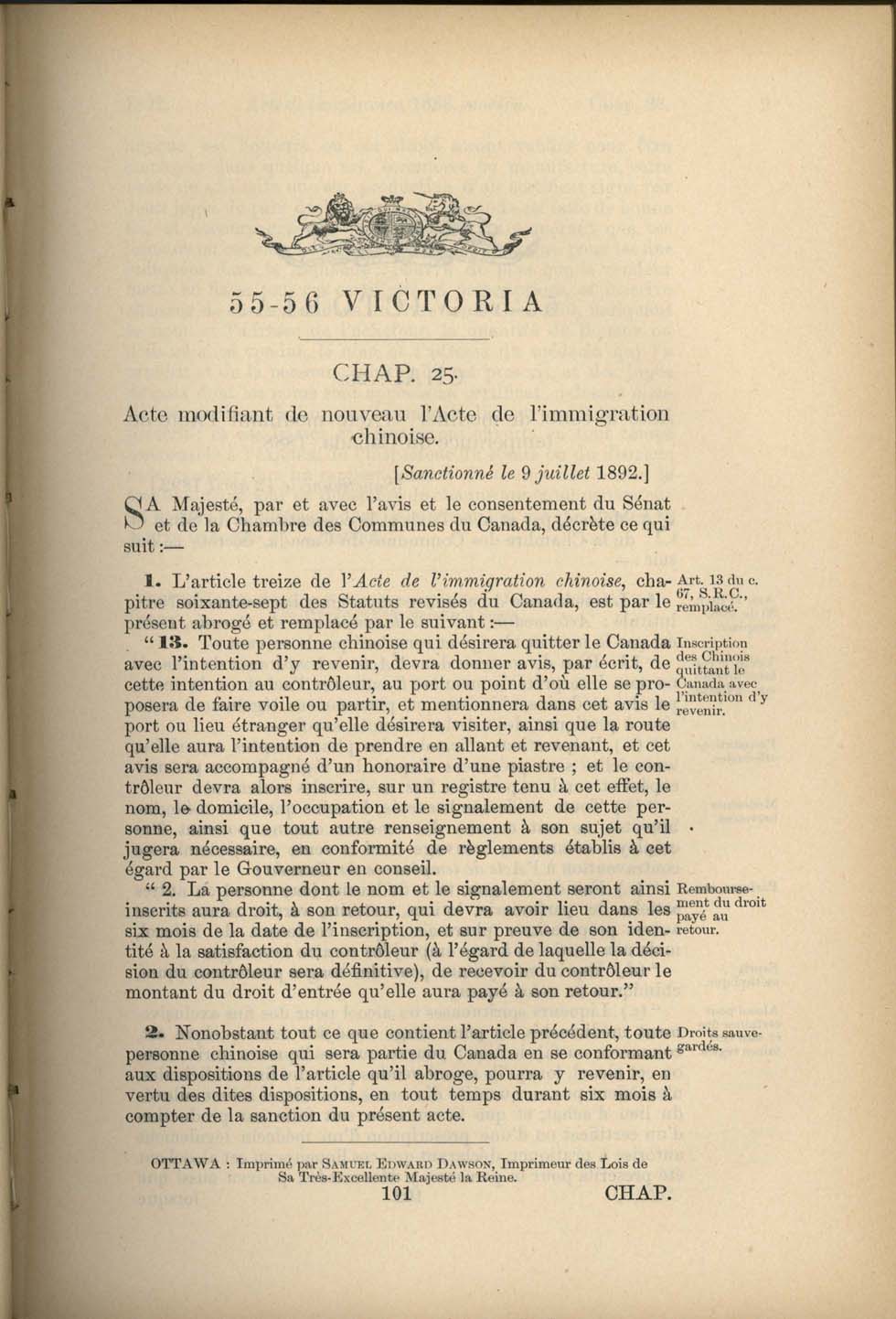 Chap 25 Page 101 Acte de l’immigration chinoise, 1885 Amendement 1892