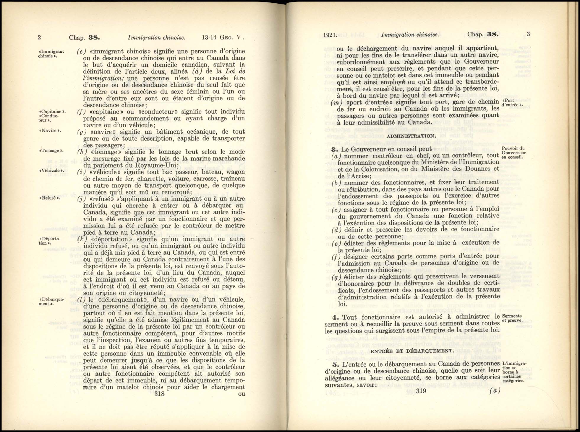 Page 318, 319 Loi de l’Immigration Chinoise, 1923