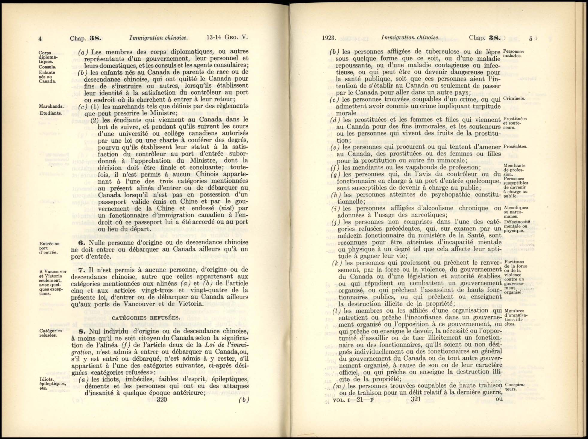 Page 320, 321 Loi de l’Immigration Chinoise, 1923