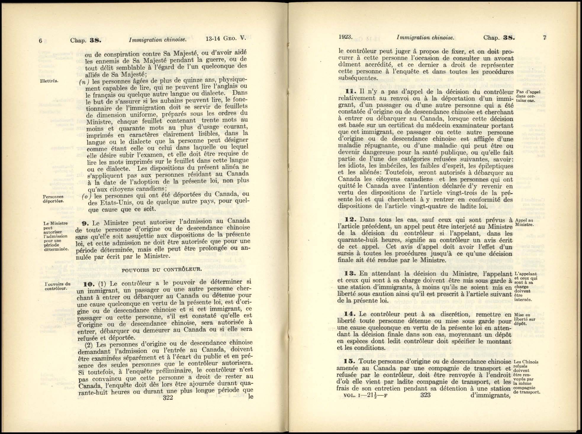 Page 322, 323 Loi de l’Immigration Chinoise, 1923