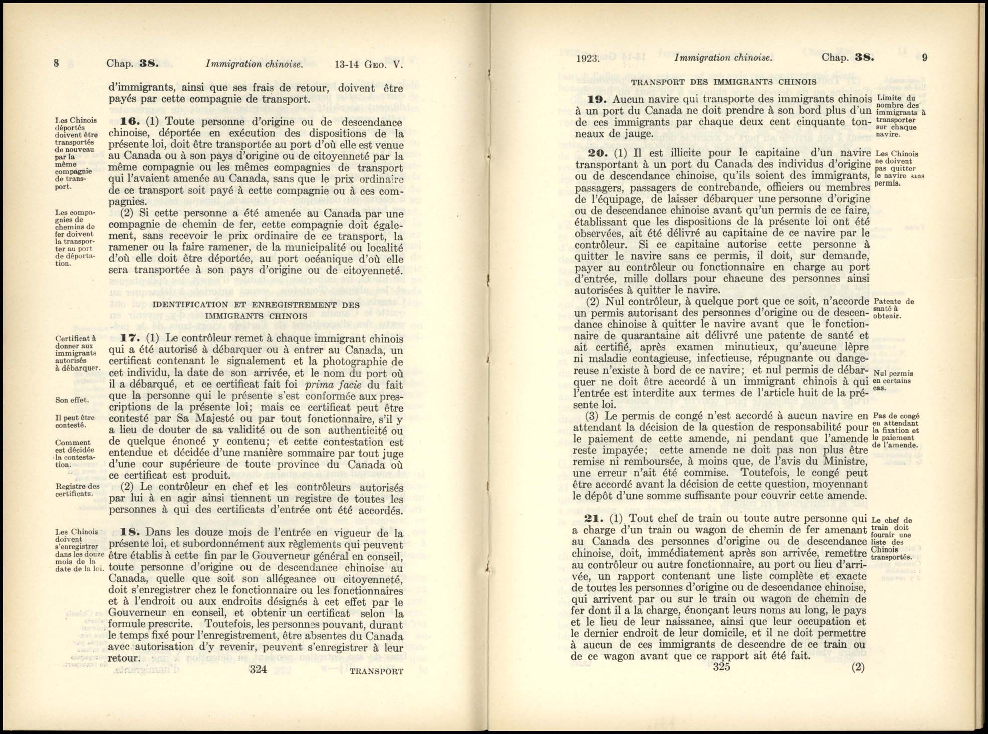 Page 324,325 Loi de l’Immigration Chinoise, 1923