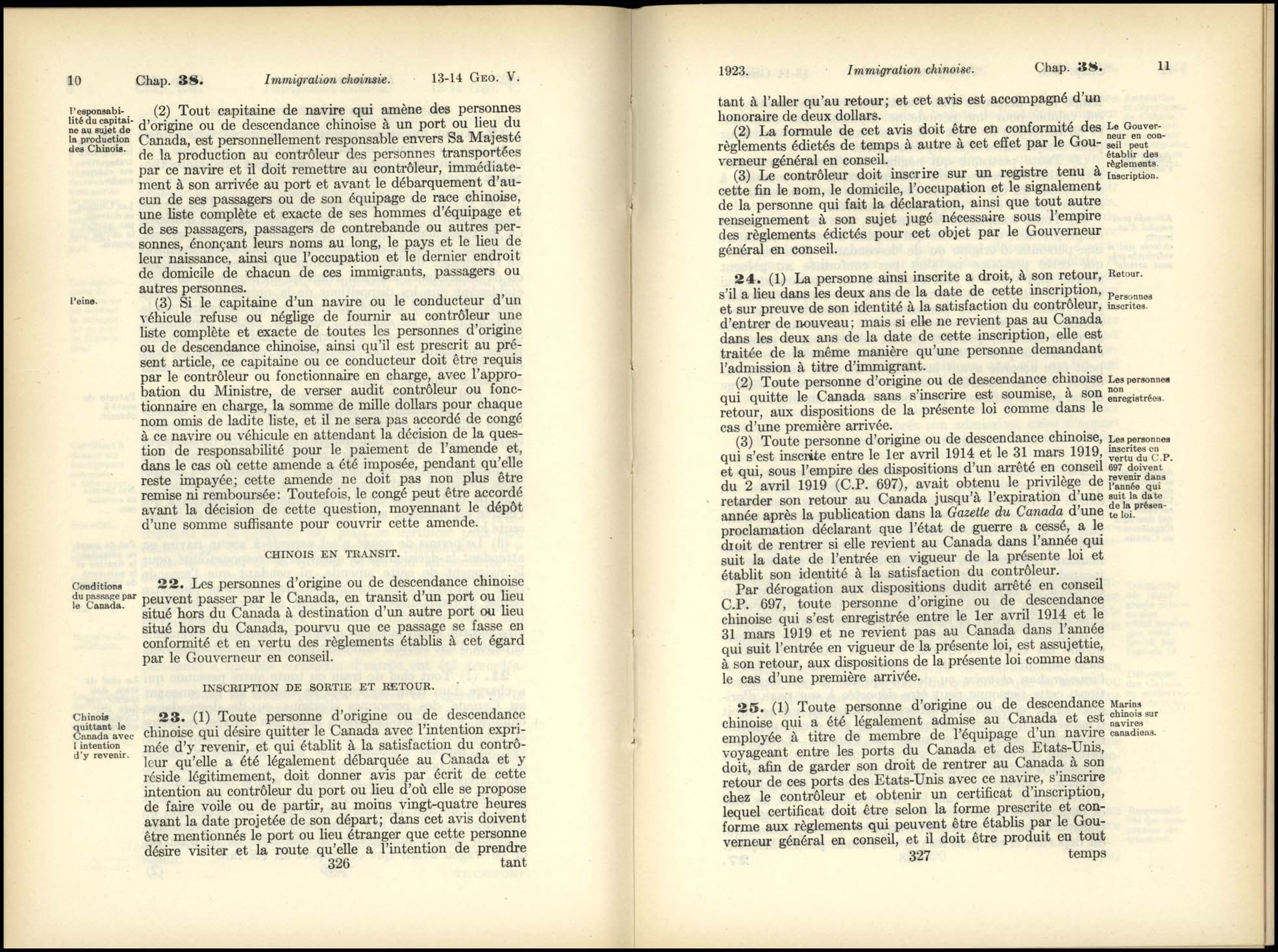 Page 326, 327 Loi de l’Immigration Chinoise, 1923