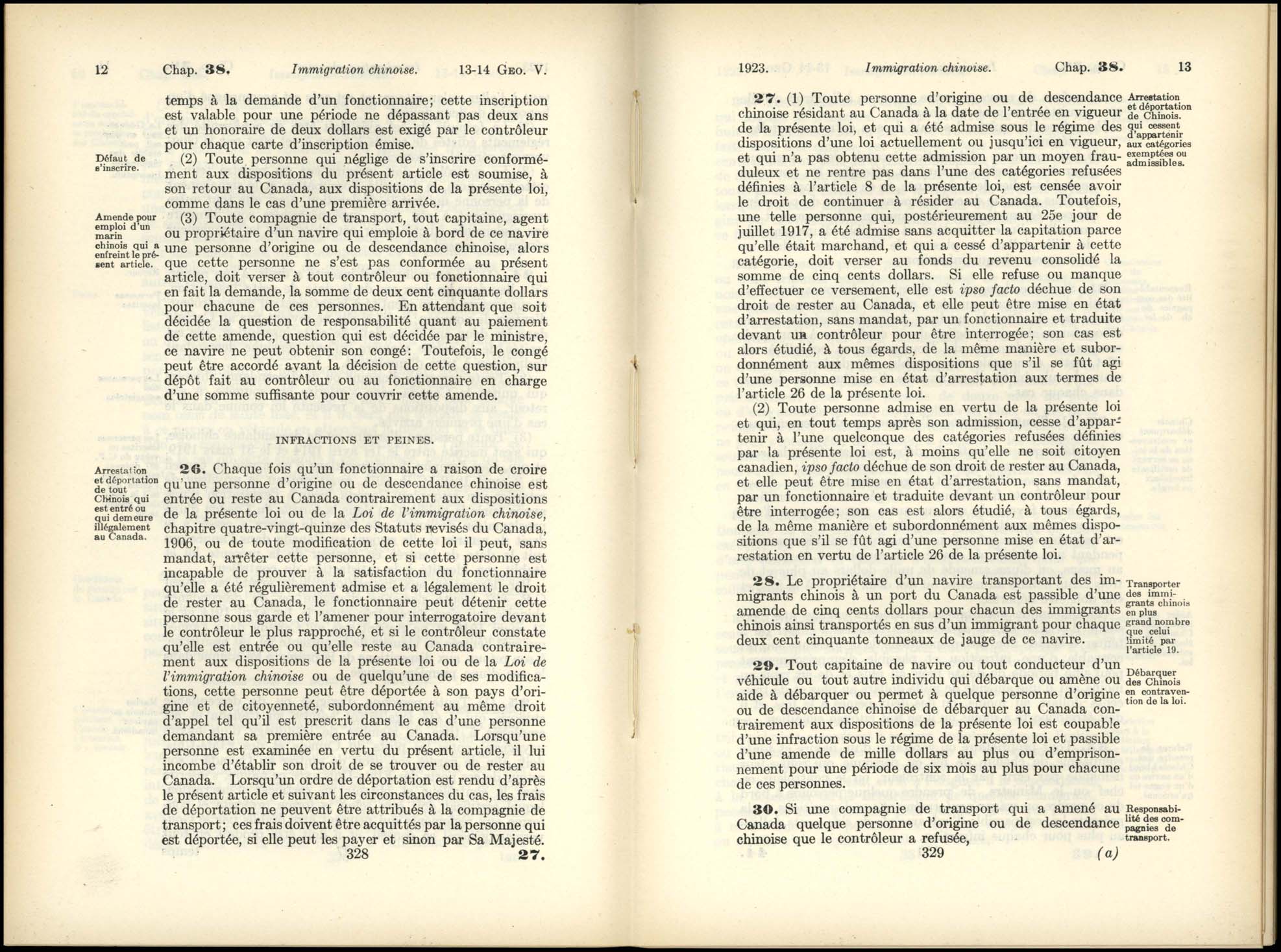 Page 328, 329 Loi de l’Immigration Chinoise, 1923