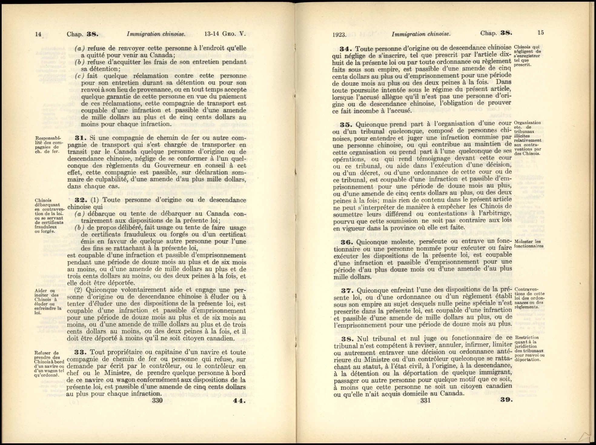 Page 330, 331 Loi de l’Immigration Chinoise, 1923