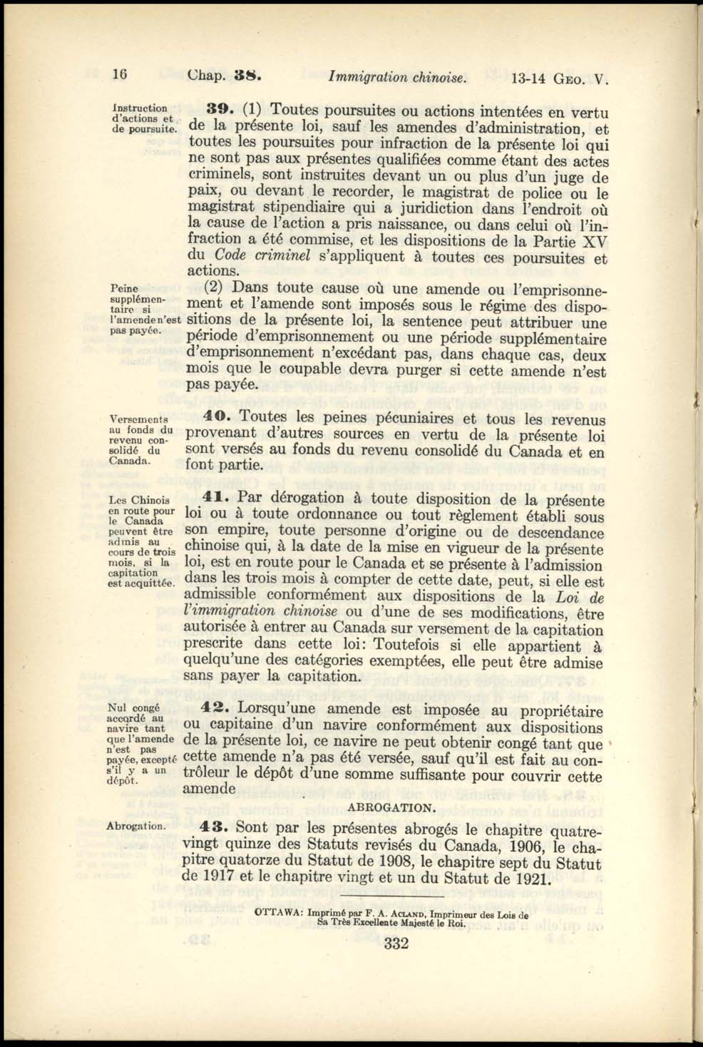 Page 332 Loi de l’Immigration Chinoise, 1923