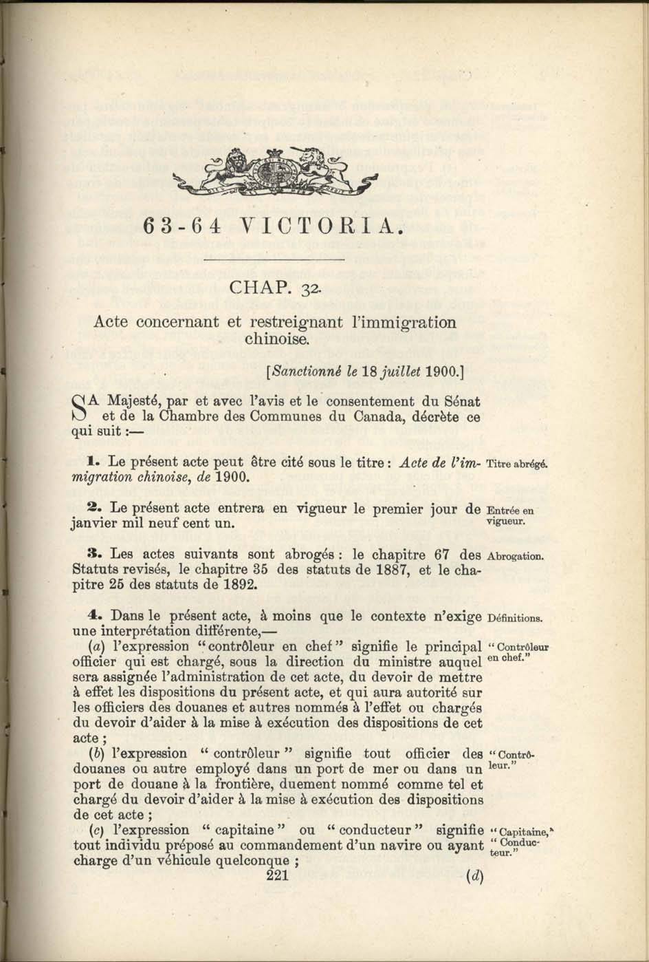 Chap. 35 Page 221 Acte de l’immigration chinoise, 1885 Amendement 1900