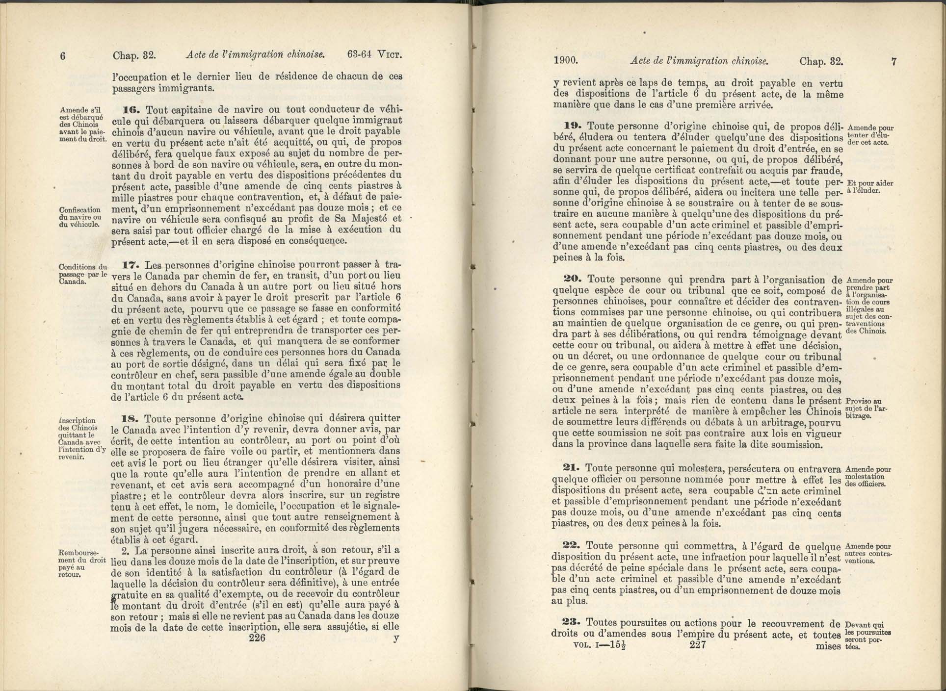Chap. 35 Page 226, 227 Acte de l’immigration chinoise, 1885 Amendement 1900