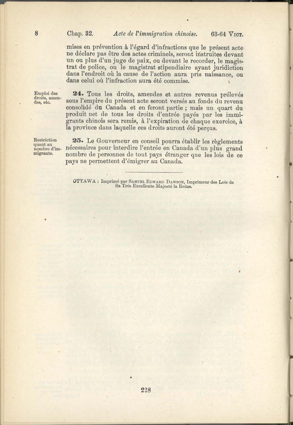 Chap. 35 Page 228 Acte de l’immigration chinoise, 1885 Amendement 1900