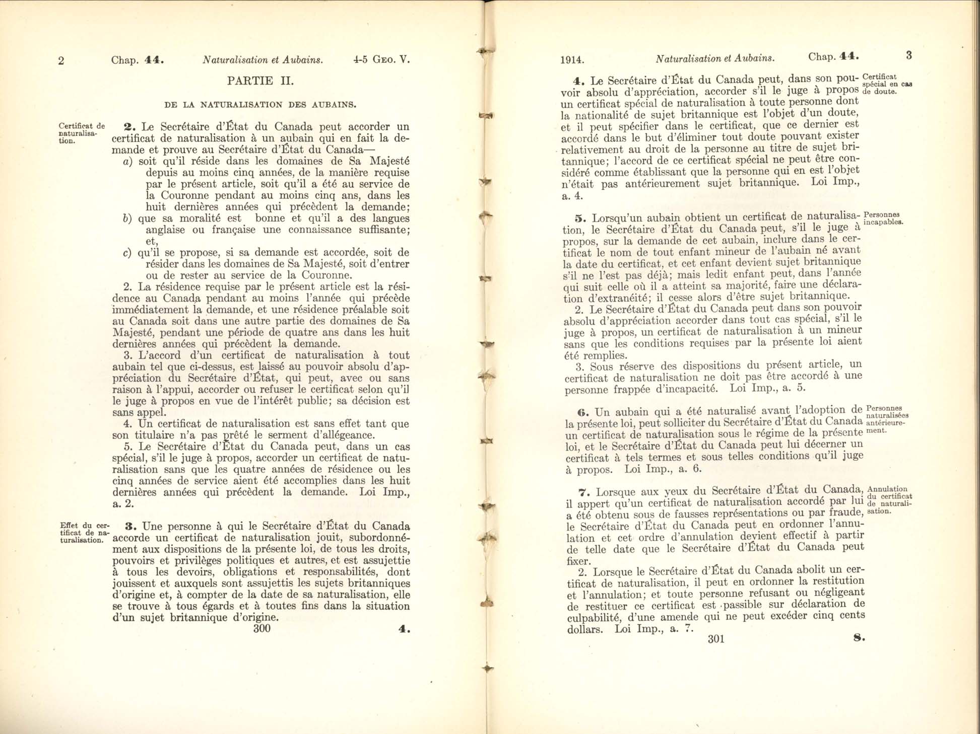 Page 300, 301 Loi concernant la Naturalisation, 1914