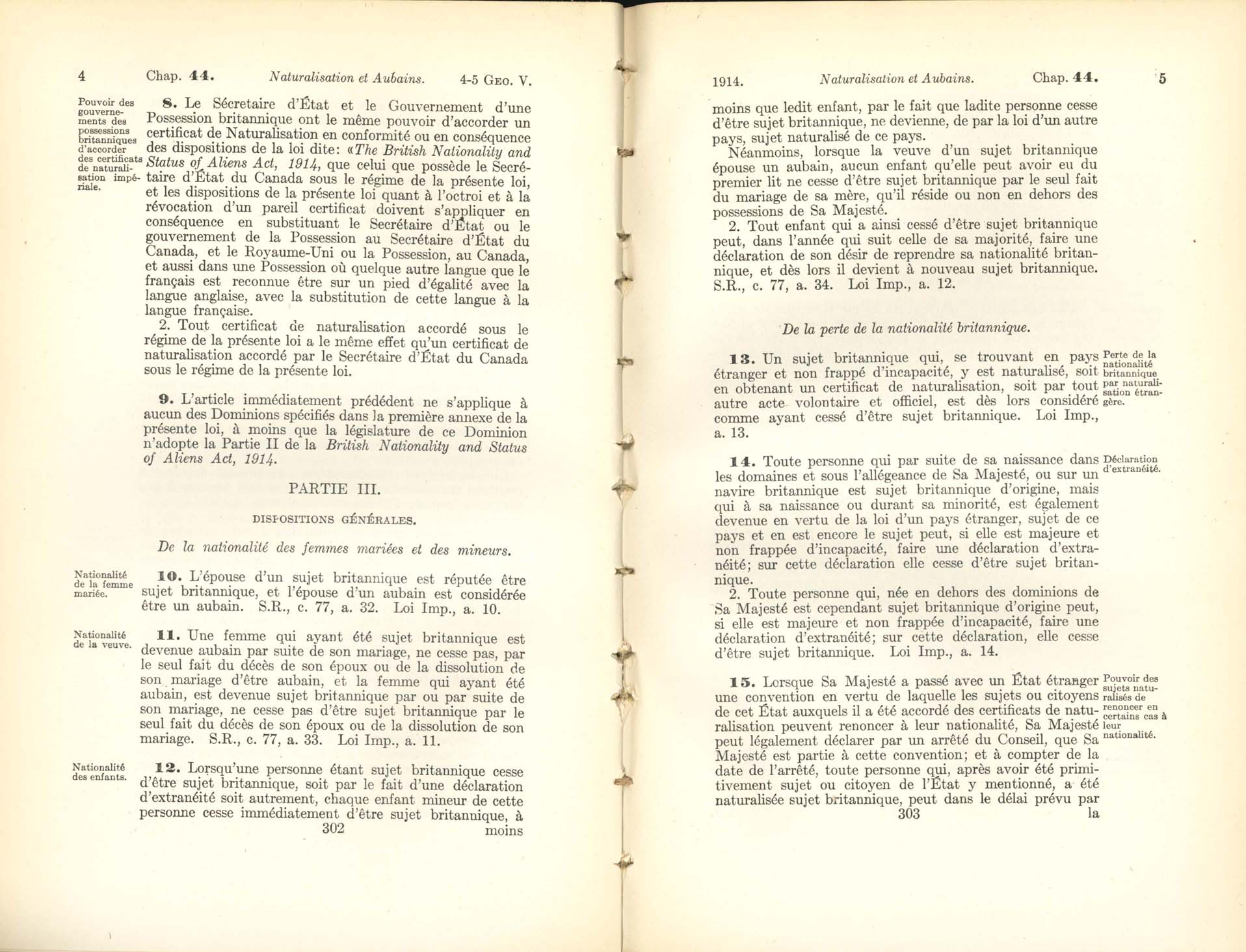 Page 302, 303 Loi concernant la Naturalisation, 1914
