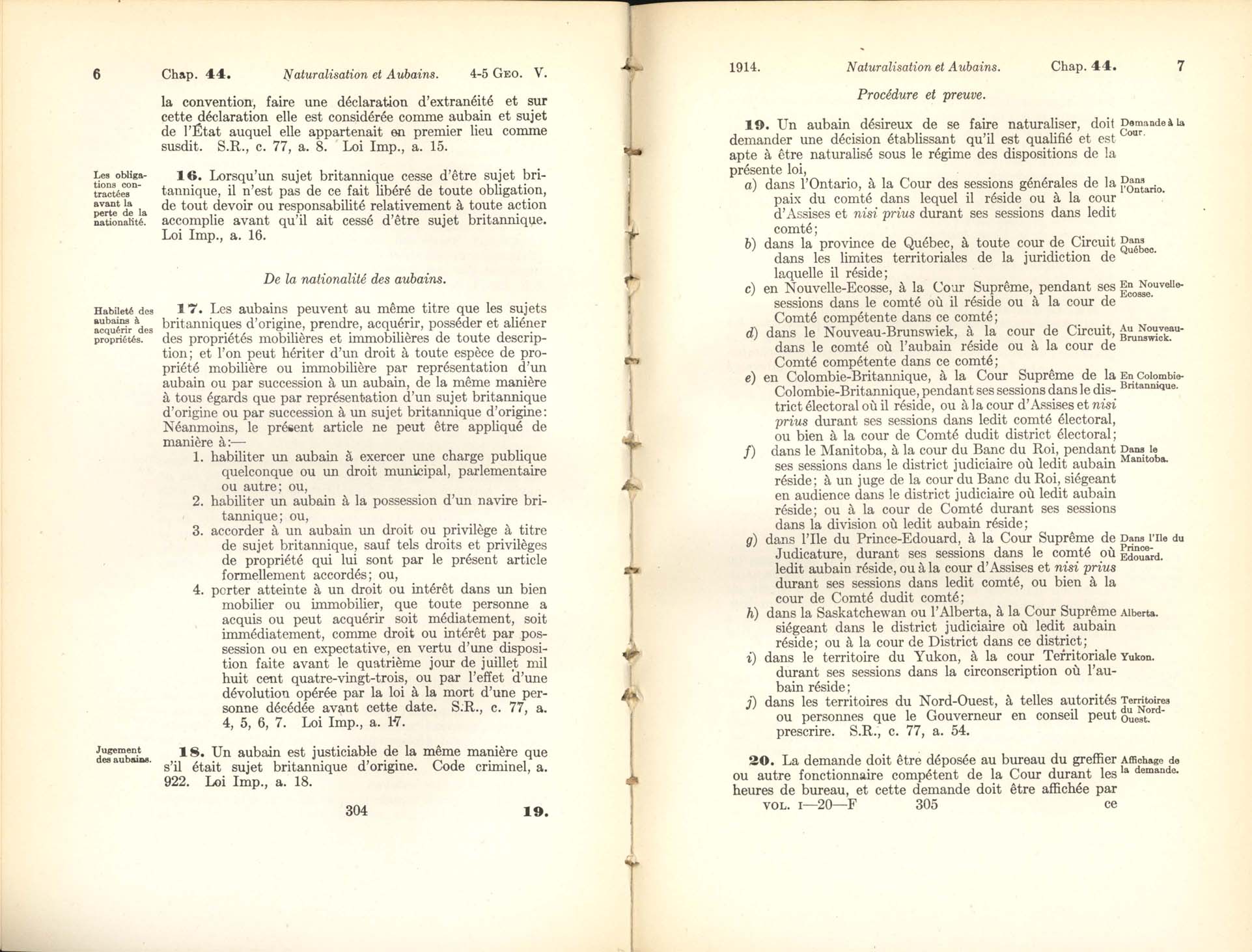 Page 304, 305 Loi concernant la Naturalisation, 1914