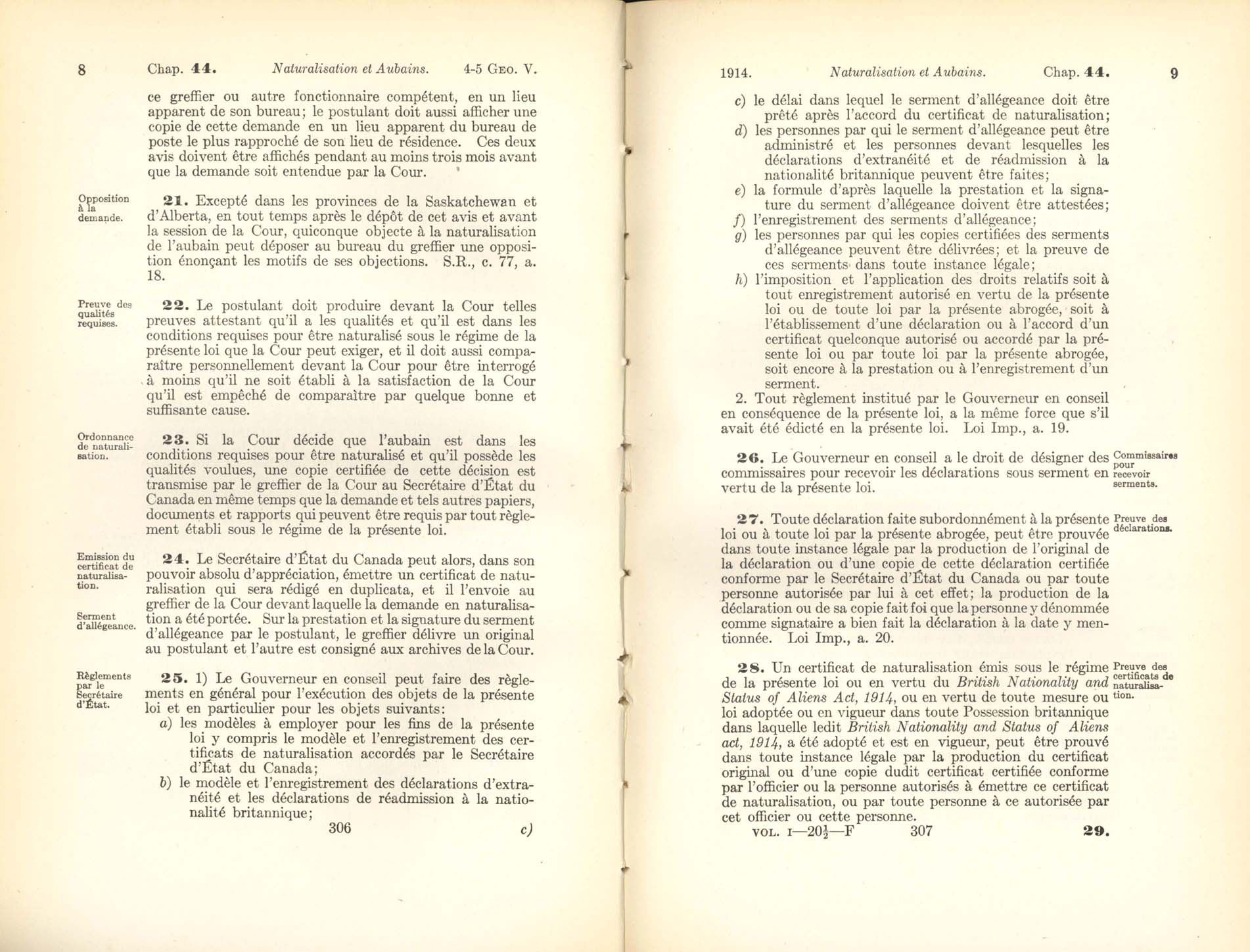 Page 306, 307 Loi concernant la Naturalisation, 1914