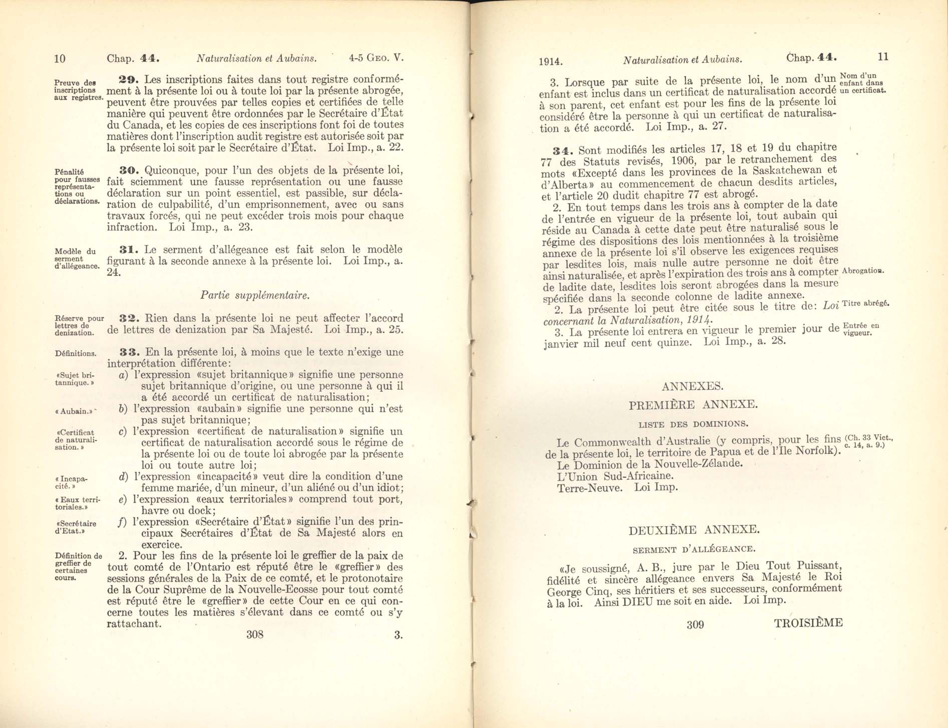 Page 308, 309 Loi concernant la Naturalisation, 1914