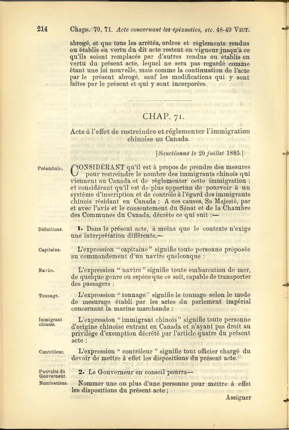 Page 214 Acte de l’Immigration Chinoise, 1885
