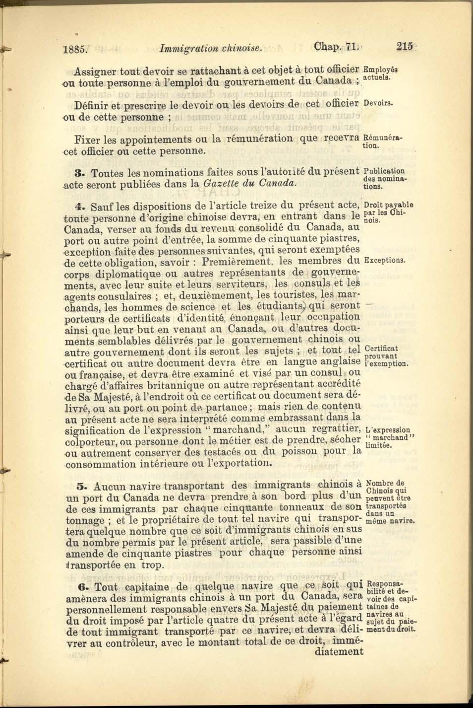 Page 215 Acte de l’Immigration Chinoise, 1885