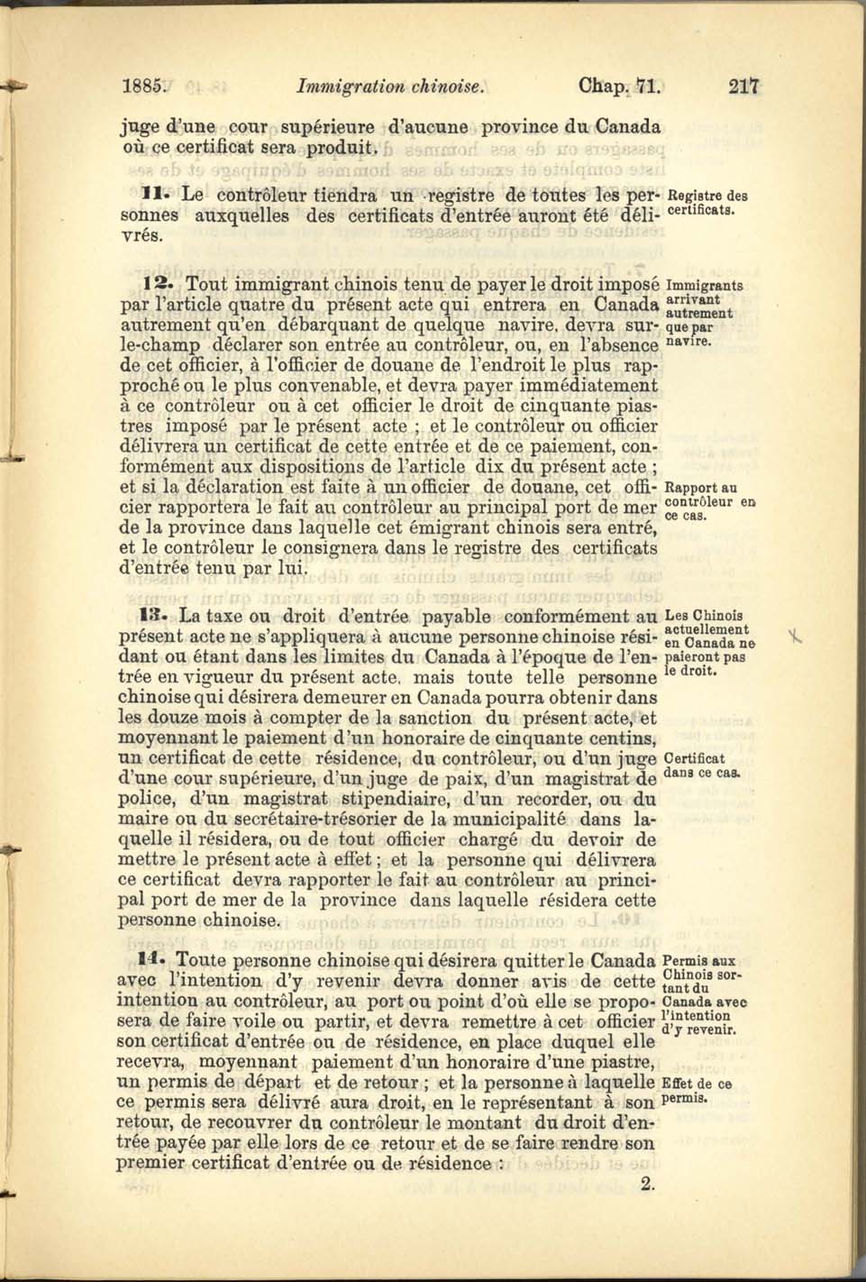 Page 217 Acte de l’Immigration Chinoise, 1885