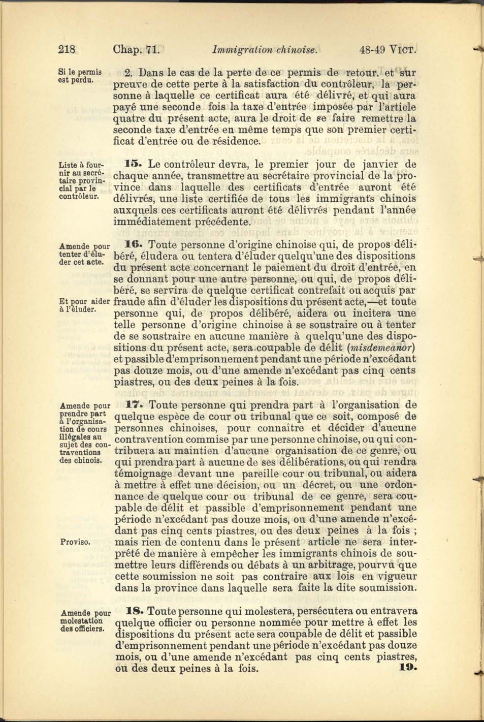 Page 218 Acte de l’Immigration Chinoise, 1885