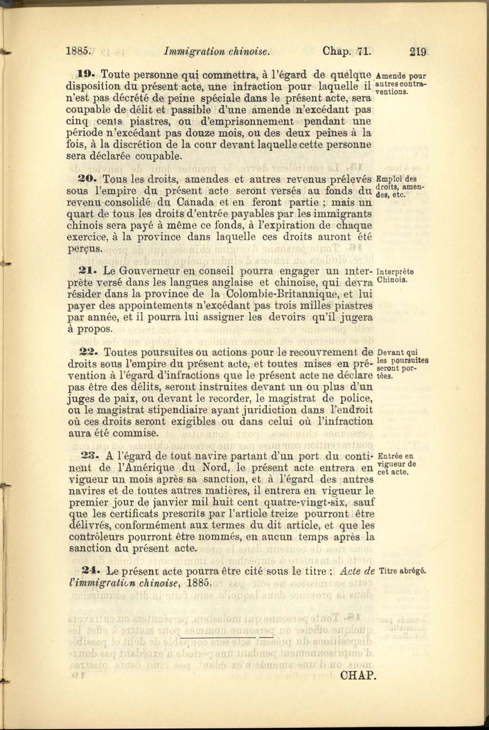 Page 219 Acte de l’Immigration Chinoise, 1885
