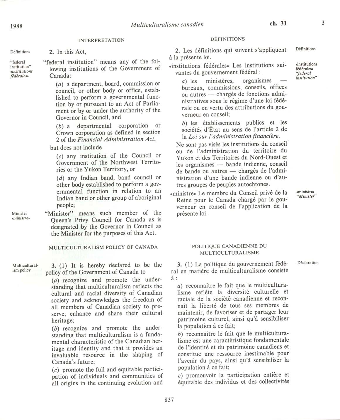 Page 837 Loi sur le multiculturalisme canadien, 1988