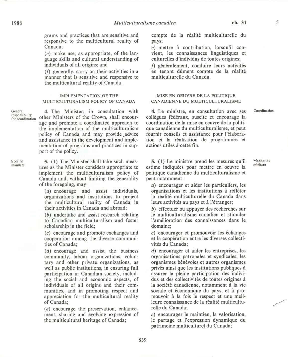 Page 839 Loi sur le multiculturalisme canadien, 1988