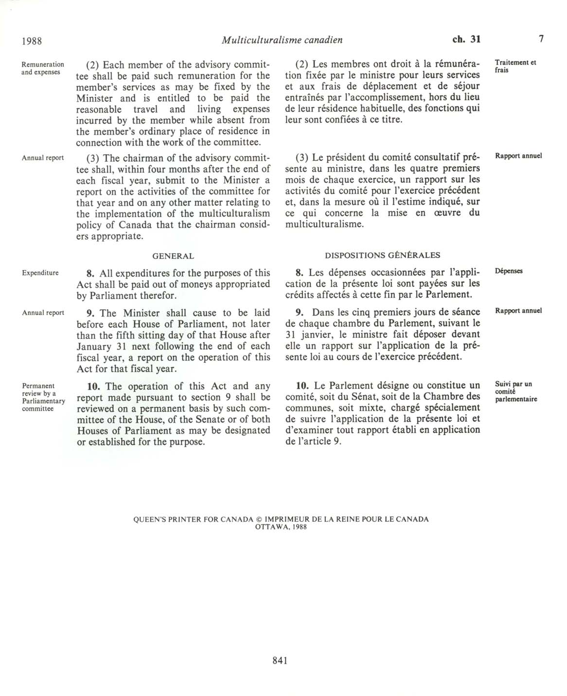 Page 841 Loi sur le multiculturalisme canadien, 1988