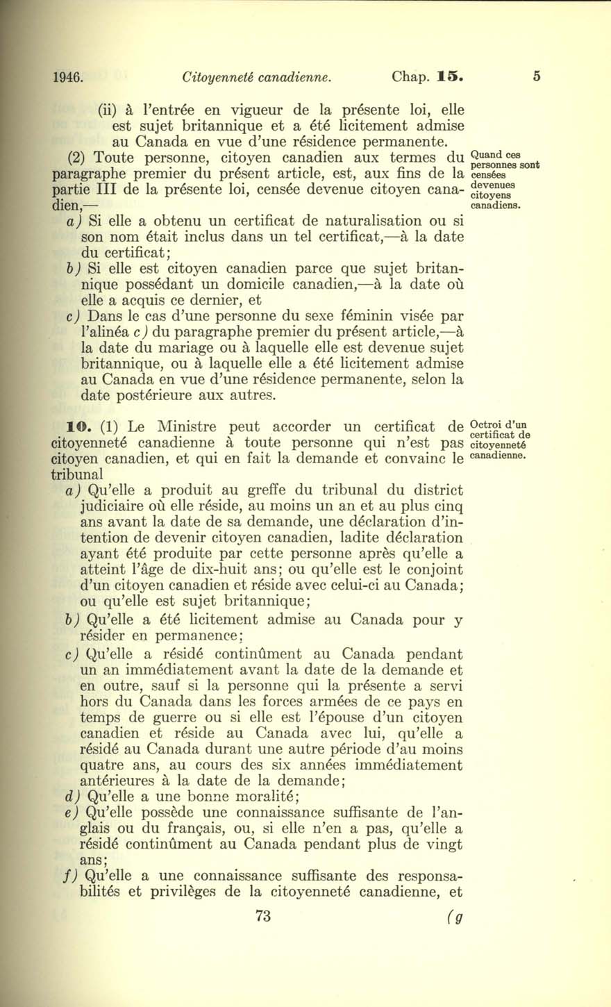 Chap. 15 Page 73 Loi sur la citoyenneté canadienne, 1947