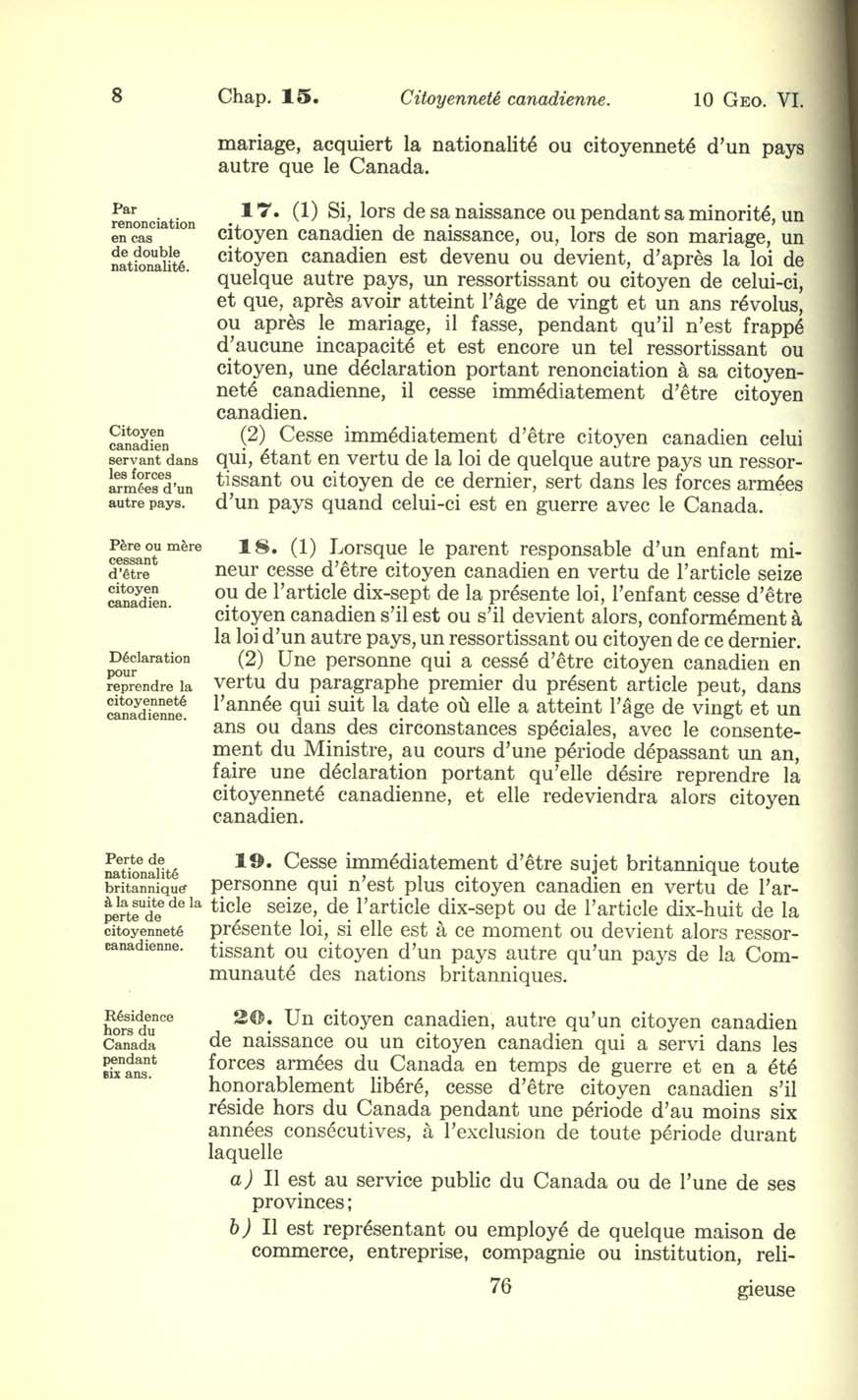 Chap. 15 Page 76 Loi sur la citoyenneté canadienne, 1947