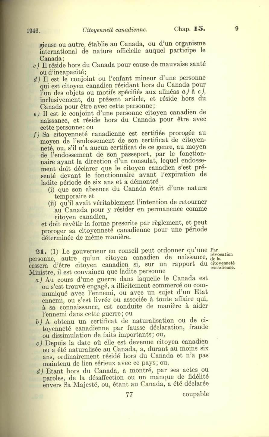 Chap. 15 Page 77 Loi sur la citoyenneté canadienne, 1947