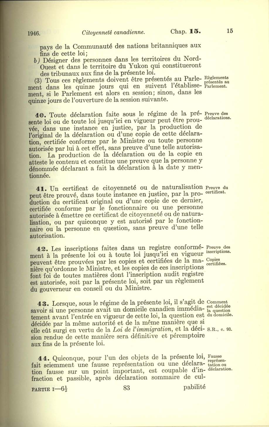 Chap. 15 Page 83 Loi sur la citoyenneté canadienne, 1947