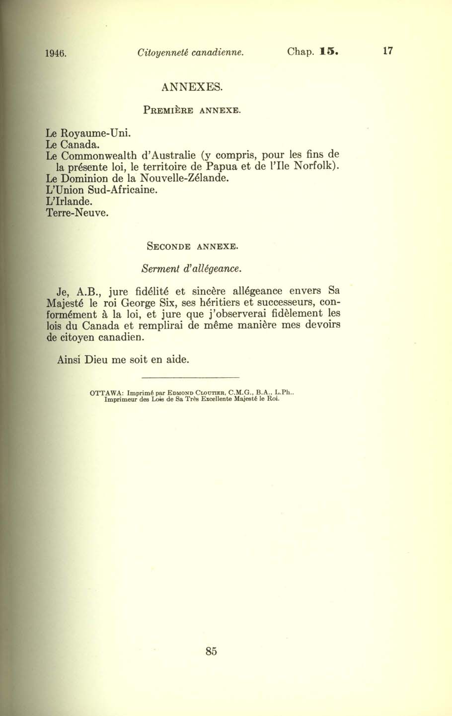 Chap. 15 Page 85 Loi sur la citoyenneté canadienne, 1947