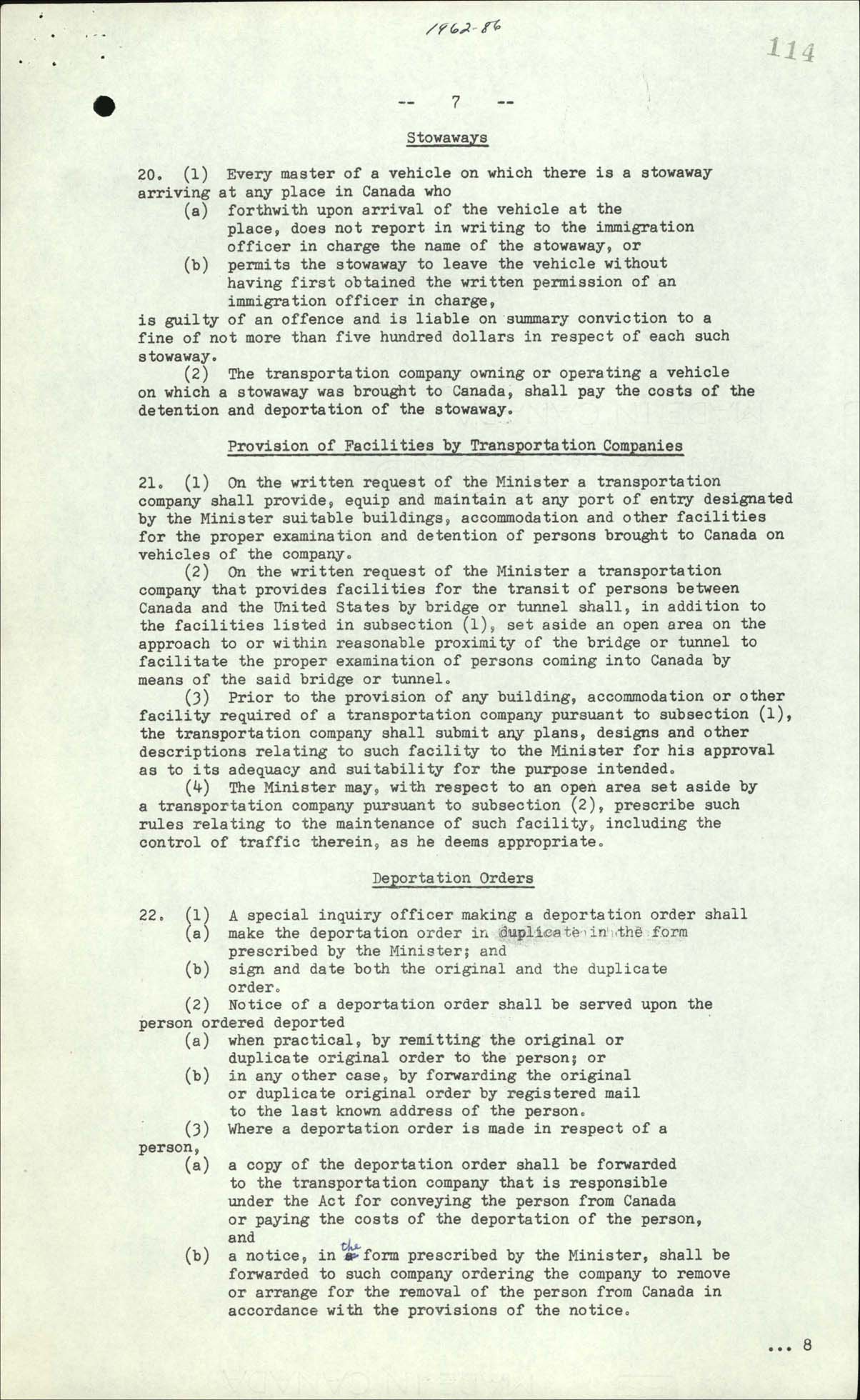 Règlement sur l’immigration, Décret du Conseil CP 1962-86, 1962