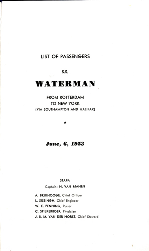 Liste de passagers du S.S. Waterman, en 1953. Musée canadien de l’immigration du Quai 21 (DI2013.1114.1b).
