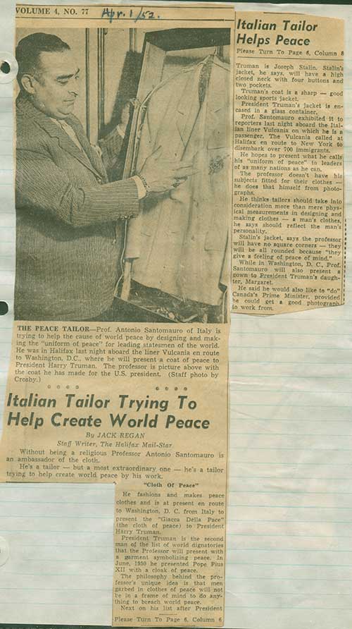 Détail d’un album de coupures de journaux sur le tailleur professeur Antonio Santomauro, 1952. Musée canadien de l’immigration du Quai 21 (R2014.336.1).