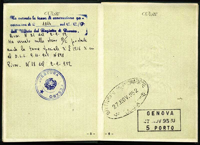 Passeport délivré à Alba Mariotti, 1952. Musée canadien de l’immigration du Quai 21 (DI2013.1900.1b).
