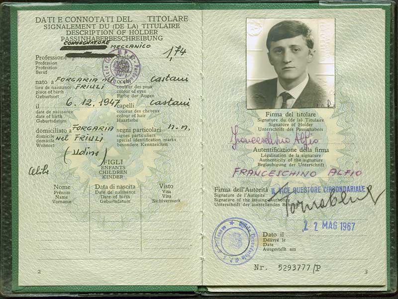 Passeport délivré à Alfio Franceschino, 1967. Musée canadien de l’immigration du Quai 21 (DI2013.1795.3).