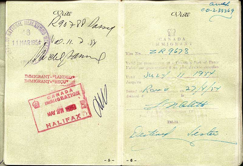Passeport délivré à Andrea Miranda, 1954. Musée canadien de l’immigration du Quai 21 (DI2013.1806.4a).