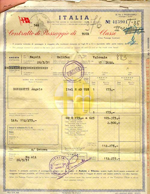 Reçu de billet délivré à Angelo Bendetti, 1951. Musée canadien de l’immigration du Quai 21 (DI2013.1897.1).