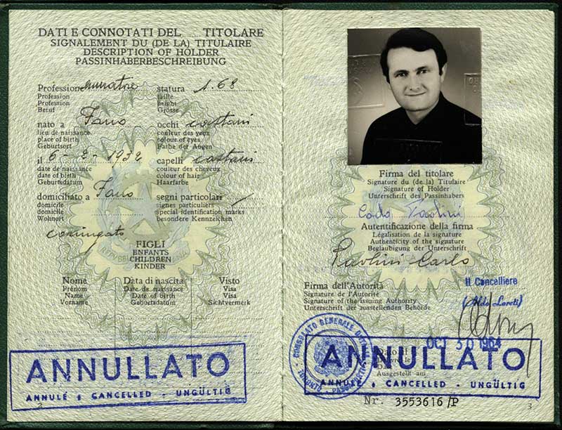 Passeport délivré à Carlo Paolini. Musée canadien de l’immigration du Quai 21 (DI2013.1810.1a).