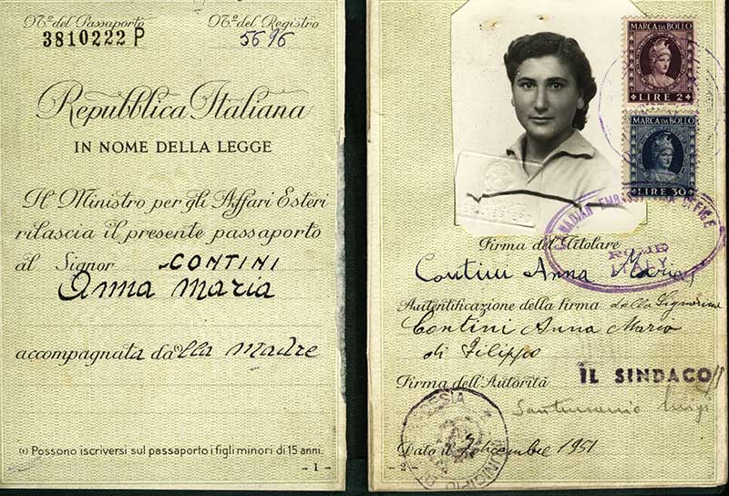 Passeport délivré à Anna Maria Contini, 1951. Musée canadien de l’immigration du Quai 21 (DI2013.1783.1a).