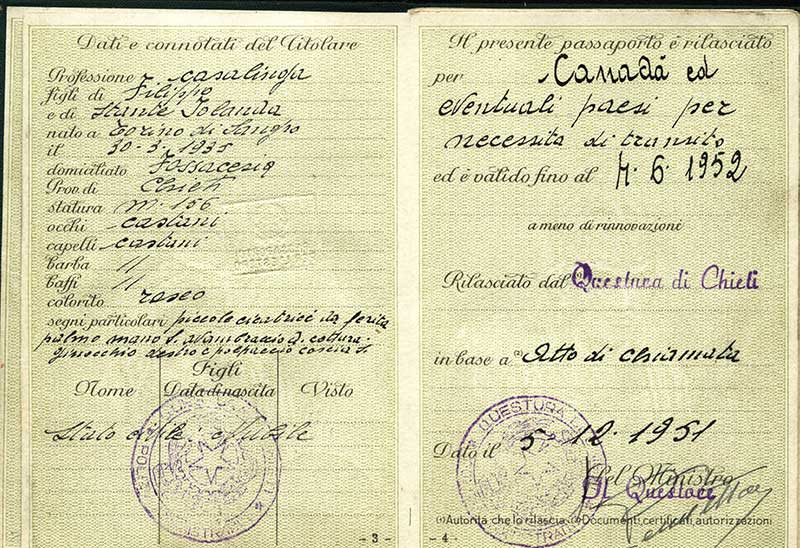 Passeport délivré à Anna Maria Contini, 1951. Musée canadien de l’immigration du Quai 21 (DI2013.1783.1b).