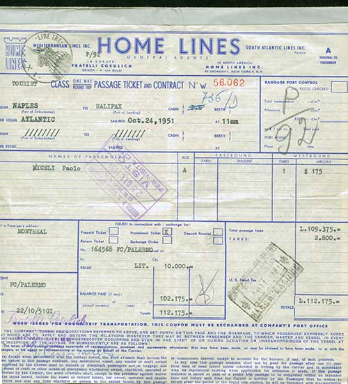 Reçu de billet délivré à Paolo Miceli par la Home Lines, 1951. Musée canadien de l’immigration du Quai 21 (DI2013.1805.1).