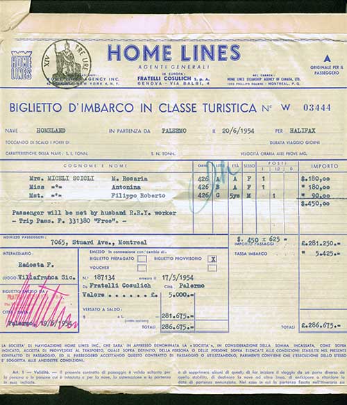 Reçu de billet délivré aux passagers M. Rosaira, Mlle Antonina et Filippo Roberto par la Home Lines, 1954. Musée canadien de l’immigration du Quai 21 (DI2013.1805.2).