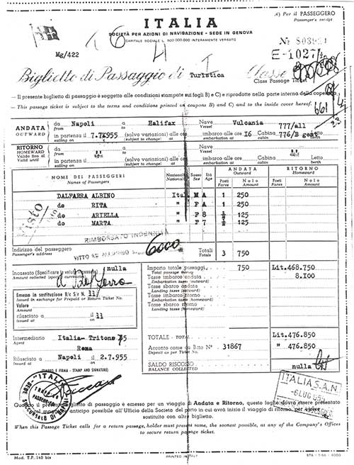 Reçu de billet délivré aux passagers Albino, Rita, Ariella et Marta Dalfarra par l’Italia, 1955. Musée canadien de l’immigration du Quai 21 (DI2013.1830.1).