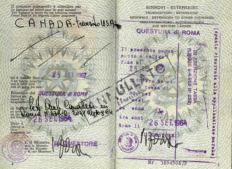 Passeport délivré à Bruna Di Giuseppe, 1964. Musée canadien de l’immigration du Quai 21 (DI2013.1788.10c).
