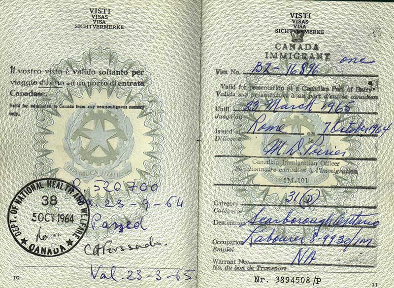 Passeport délivré à Bruna Di Giuseppe, 1964. Musée canadien de l’immigration du Quai 21 (DI2013.1788.10e).