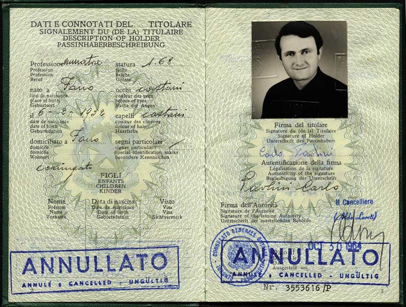 Passeport délivré à Carlo Paolini, 1964. Musée canadien de l’immigration du Quai 21 (DI2013.1810.1c).